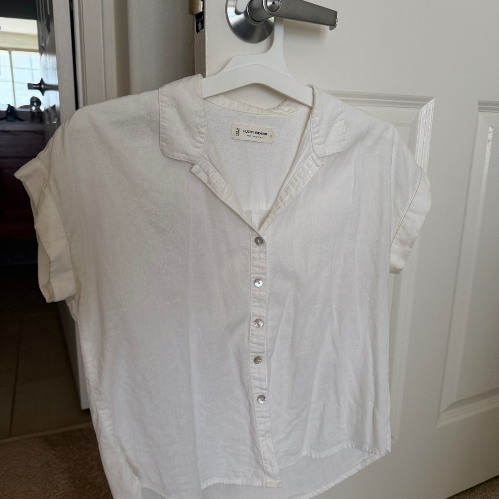 Lucky Brand Button Up White Shirt, Size Small with Iridescent Buttons